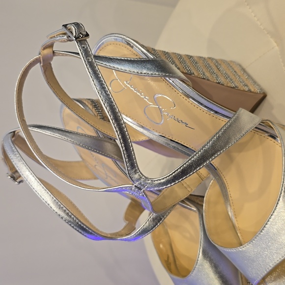 DOSIA Jessica Simpson Wegde Platform Espadrille High Heel Silver Rhinestone Shoe - Picture 7 of 8